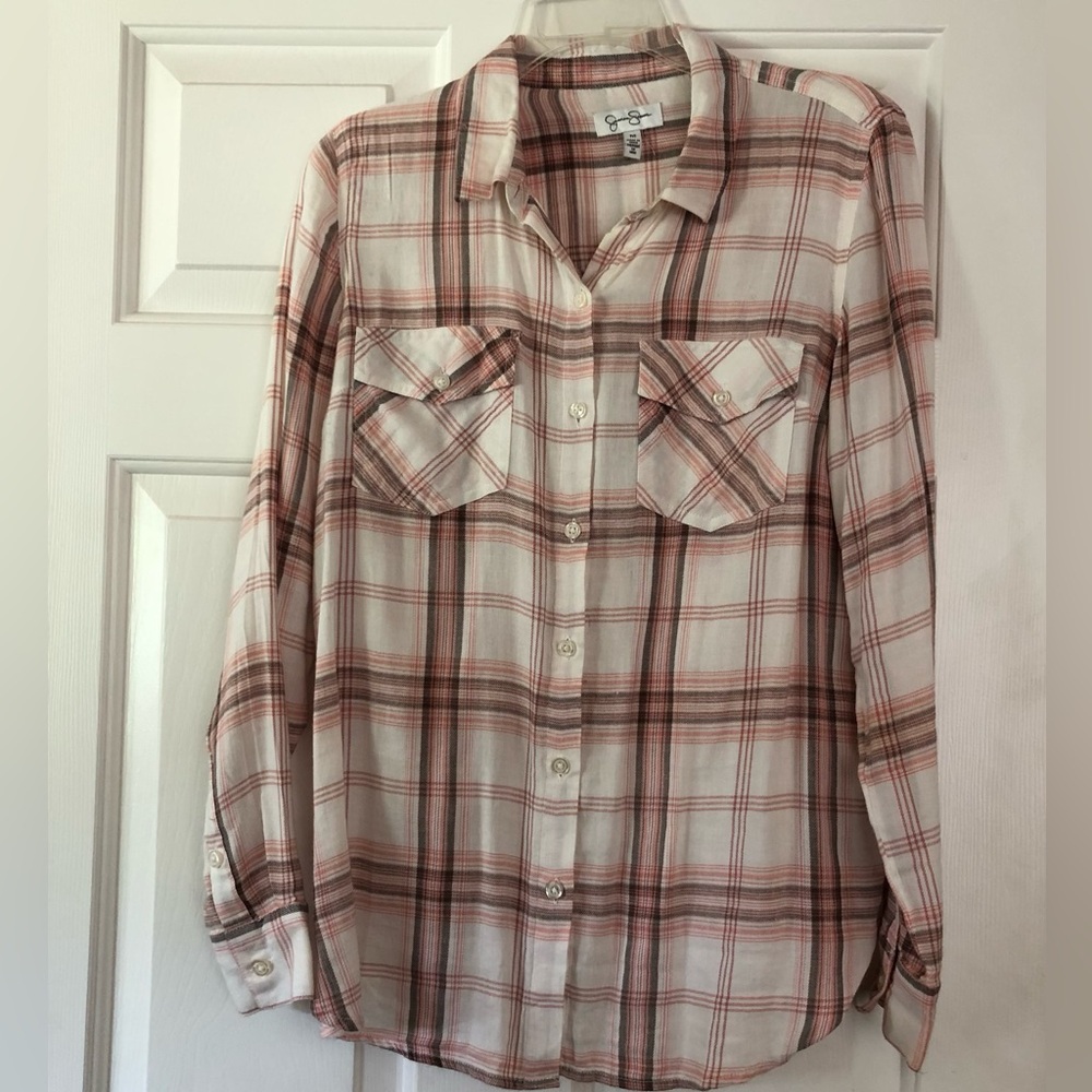 Jessica Simpson Pink Petunia Plaid Button Up Shirt Top Womens Lightweight Medium